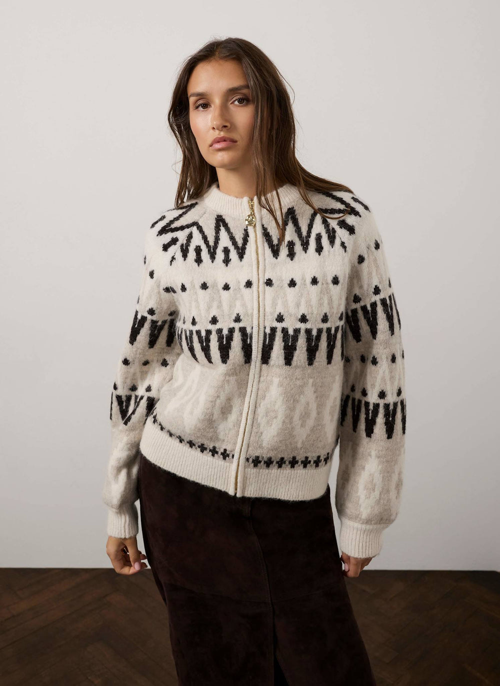 Neutral Fair Isle Wool Blend Zip Bomber
