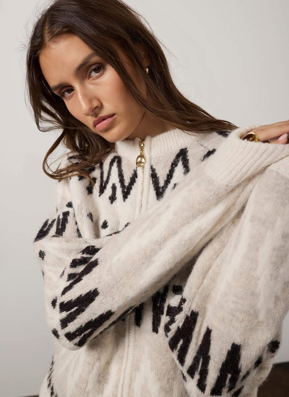 Neutral Fair Isle Wool Blend Zip Bomber