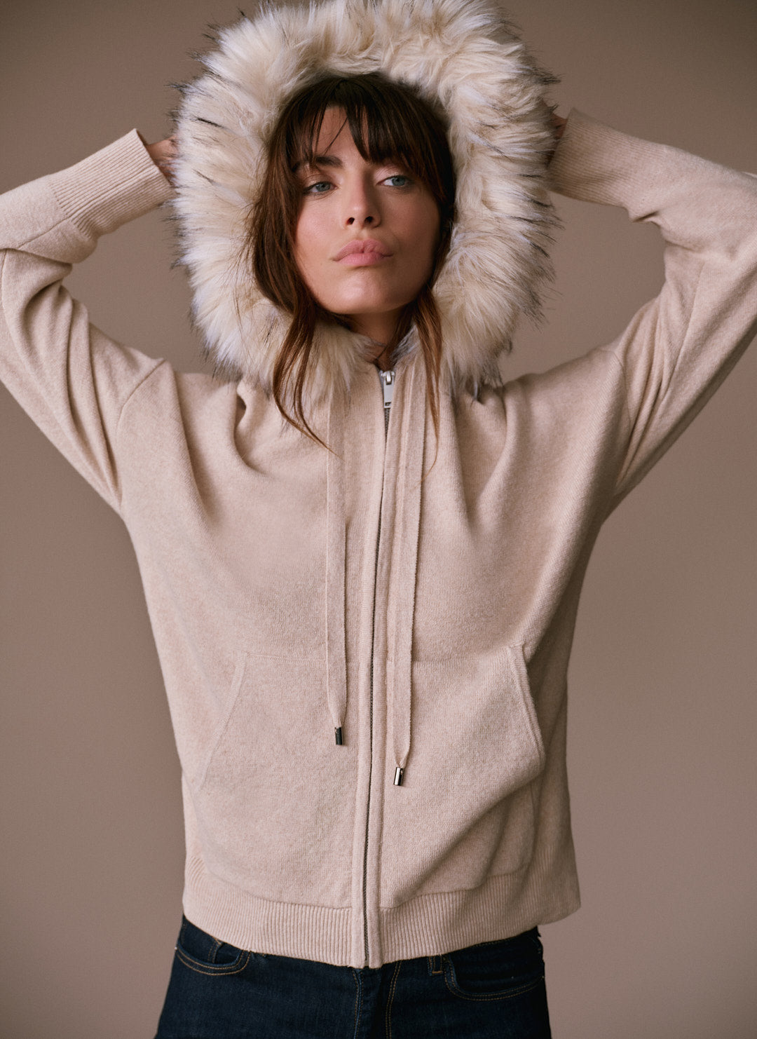 Neutral Faux Fur Trim Cotton Blend Hoodie – Mint Velvet