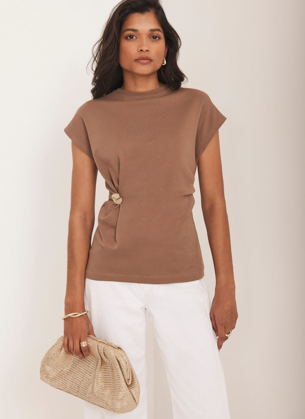 Brown Gathered Detail T-Shirt