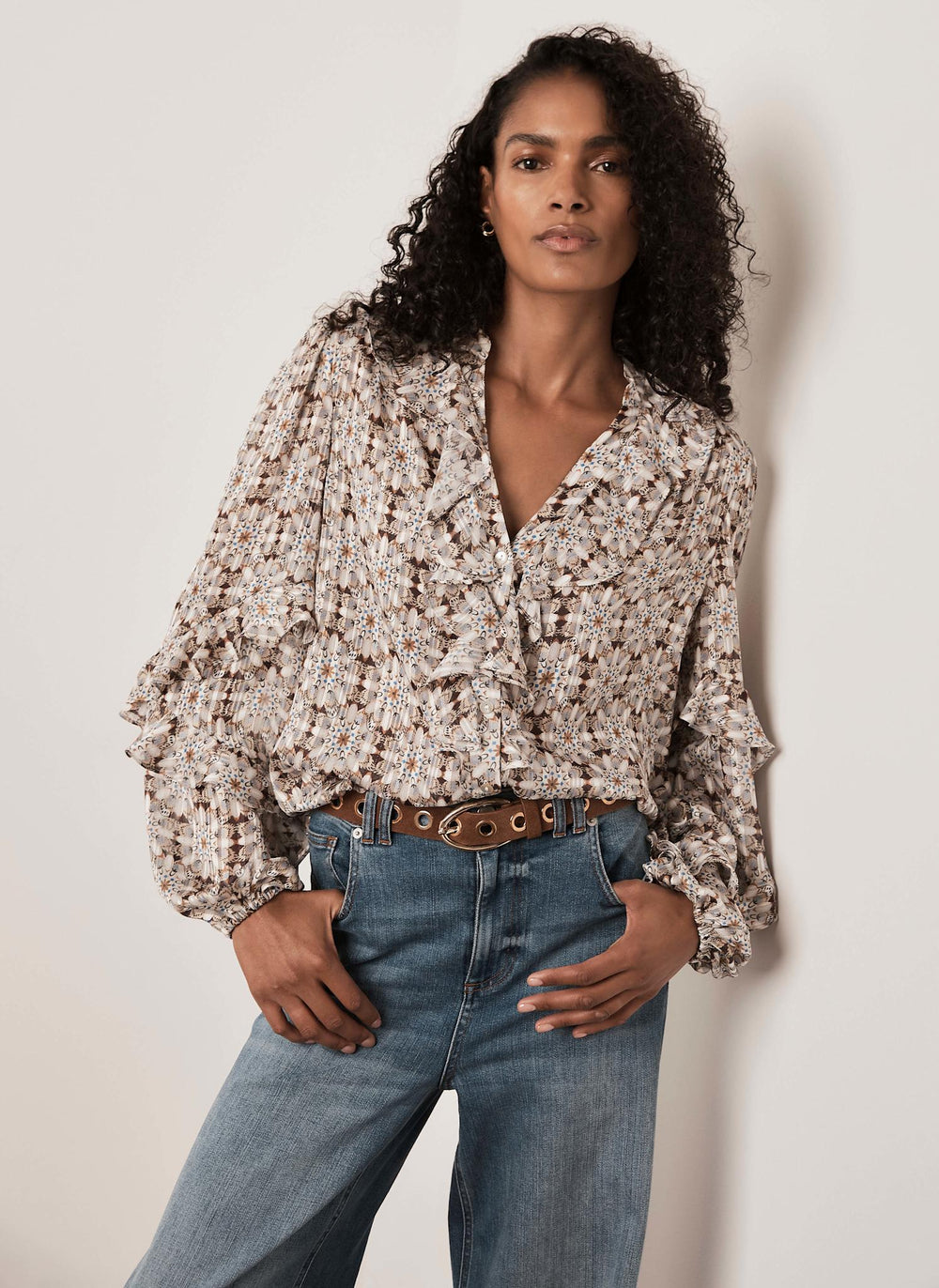 Neutral Print Ruffle Blouse