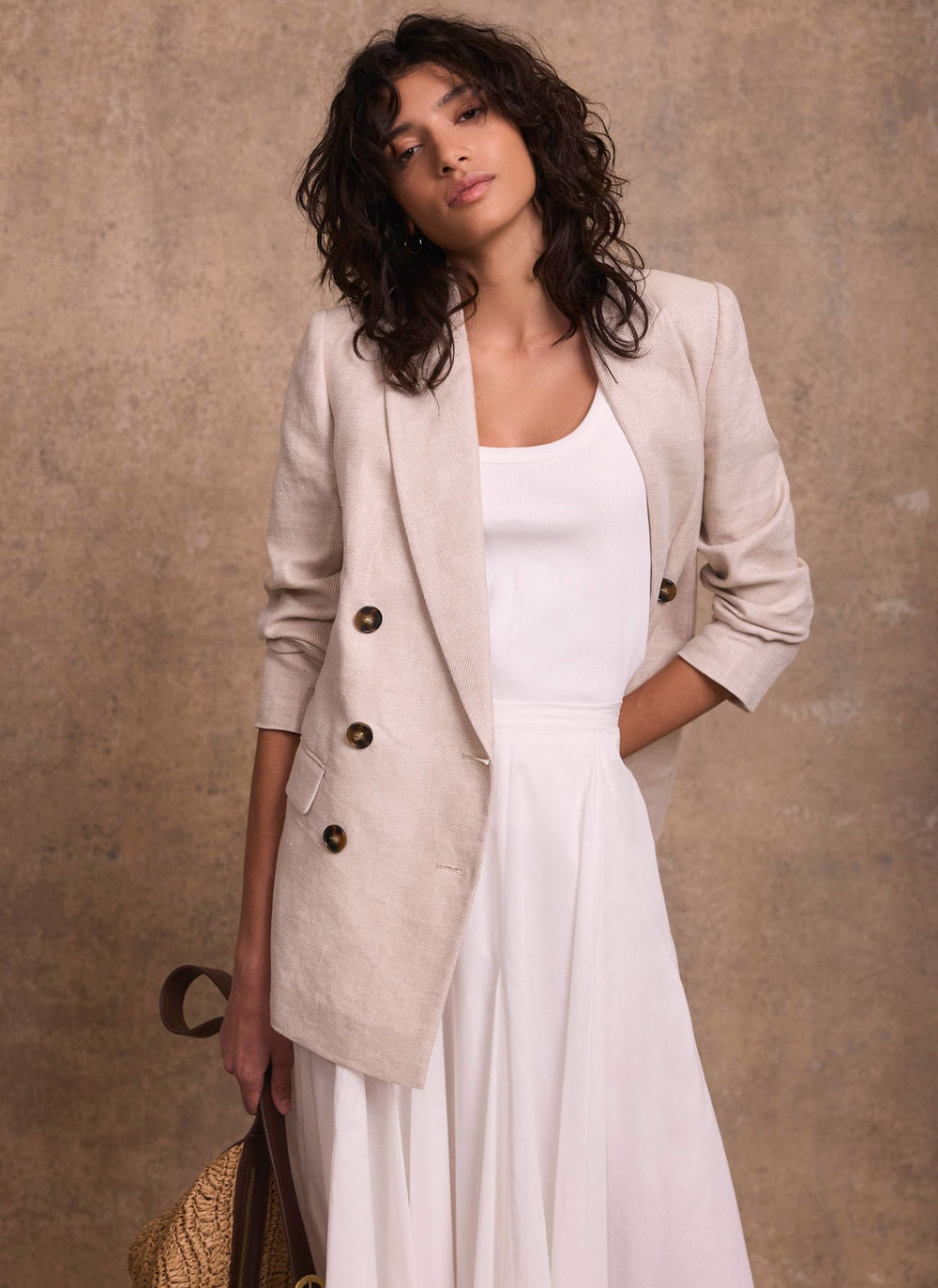 Neutral Linen Double Breasted Blazer