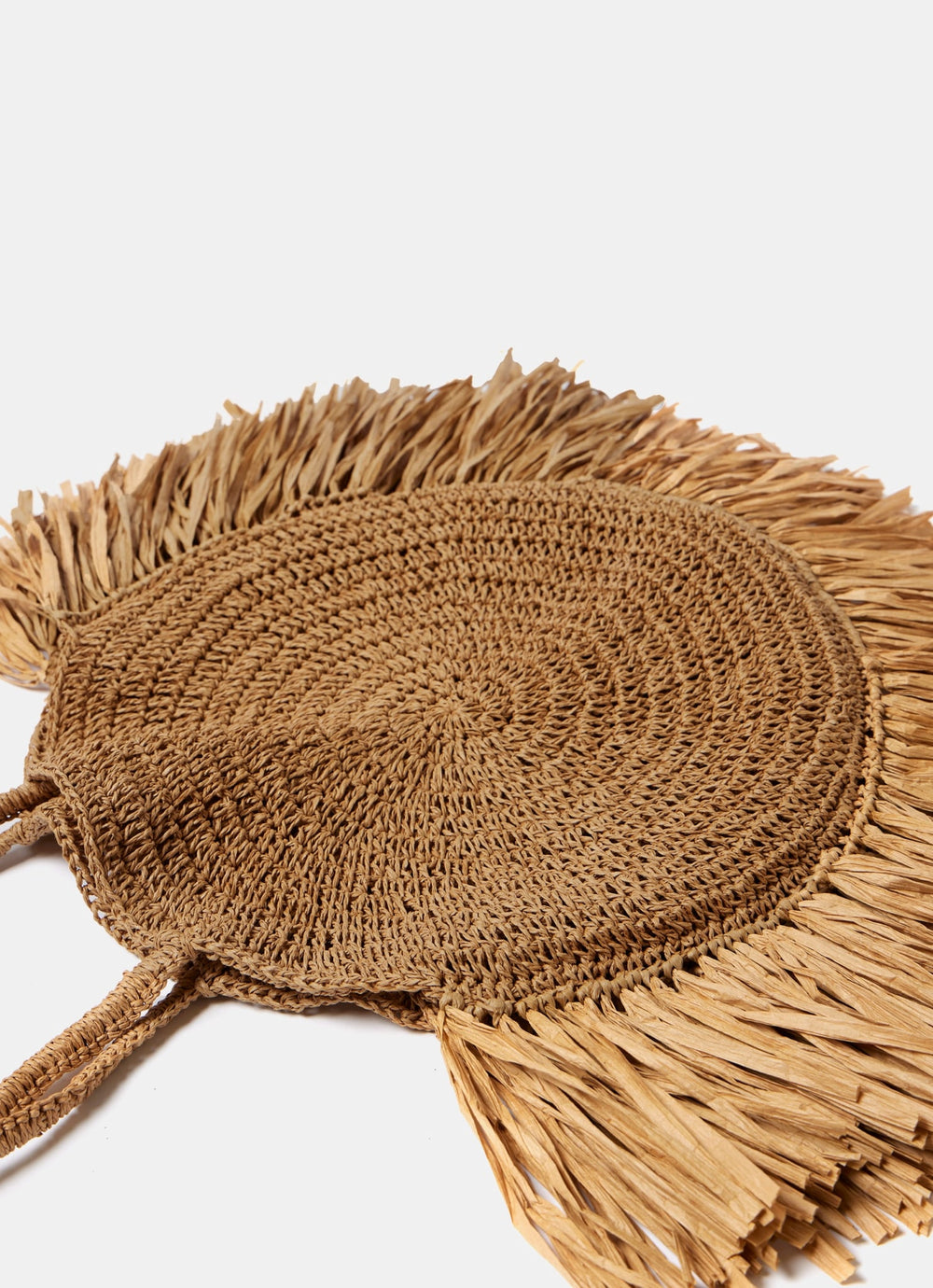Neutral Circular Woven Fringe Bag