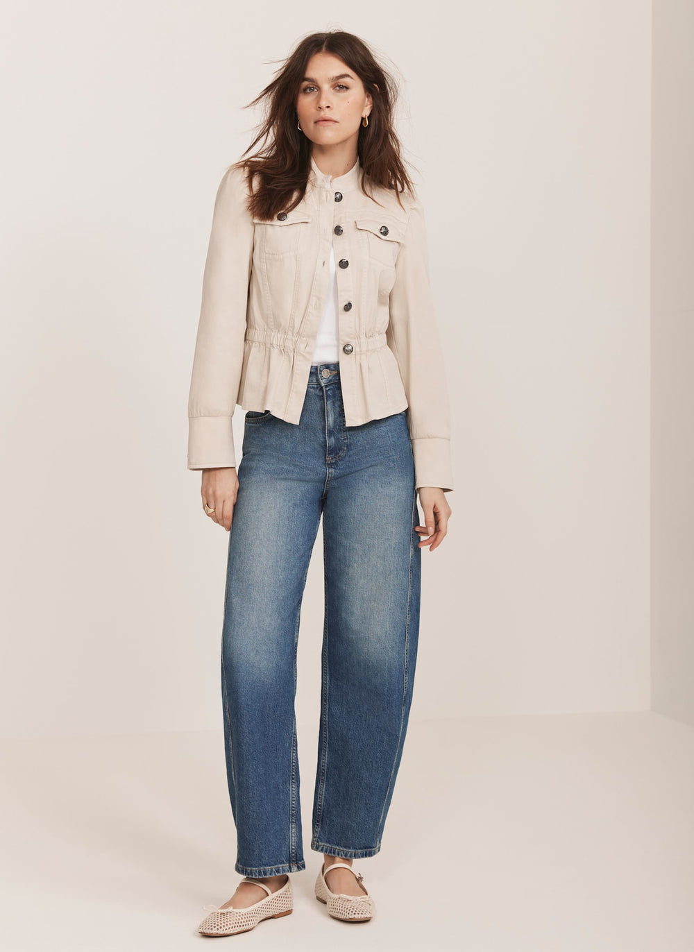 Neutral Puff Sleeve Peplum Jacket