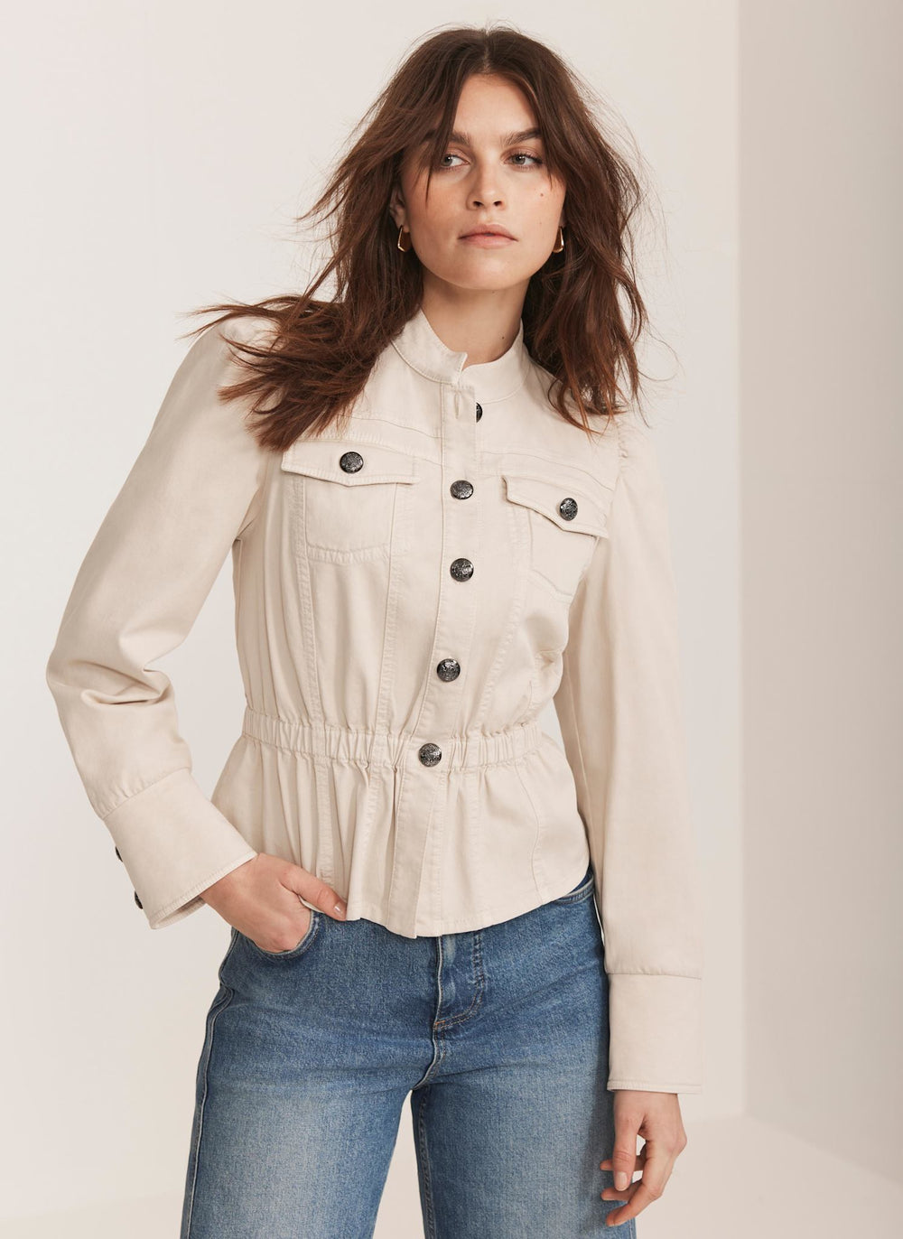 Neutral Puff Sleeve Peplum Jacket
