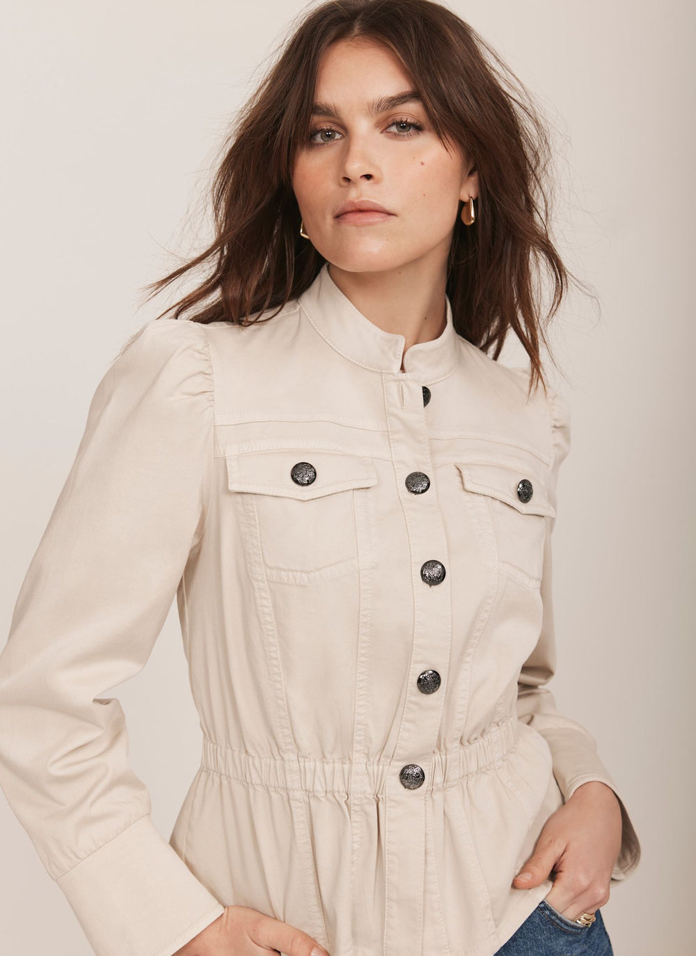 Neutral Puff Sleeve Peplum Jacket