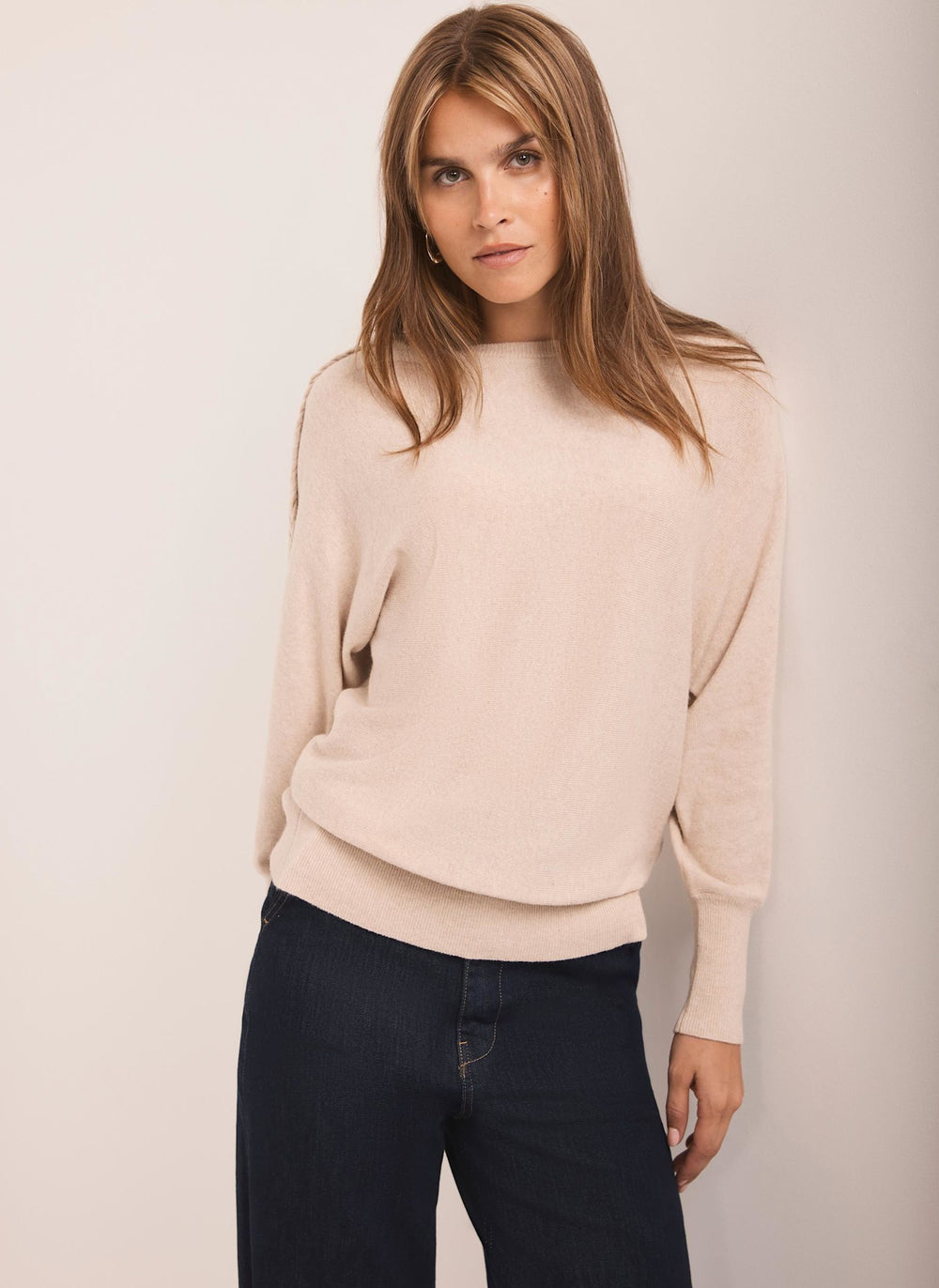 Neutral Cotton Blend Batwing Jumper