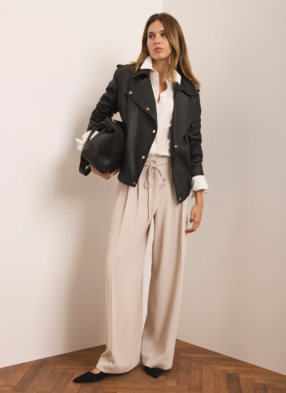 Neutral Tie Waist Wide Trousers