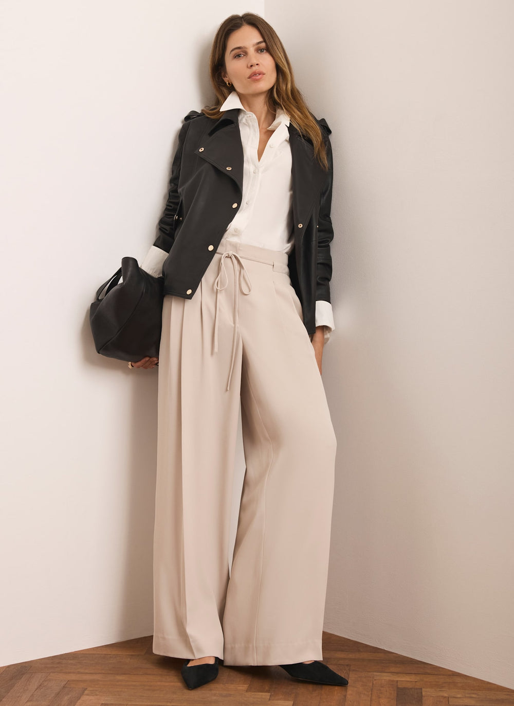 Neutral Tie Waist Wide Trousers