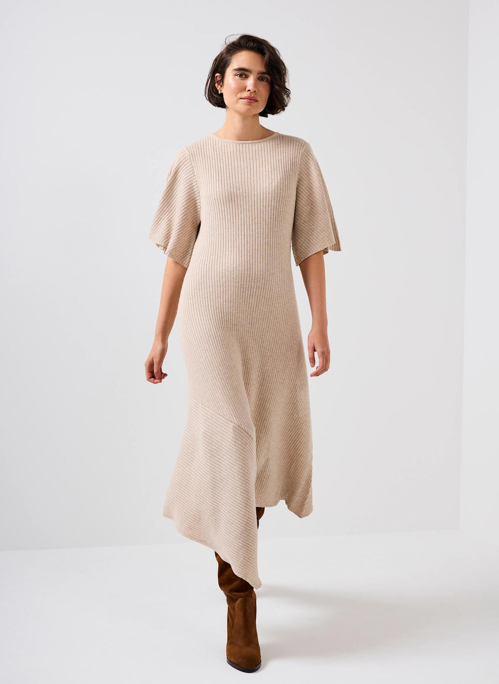 Neutral Rib Knit Asymmetric Dress