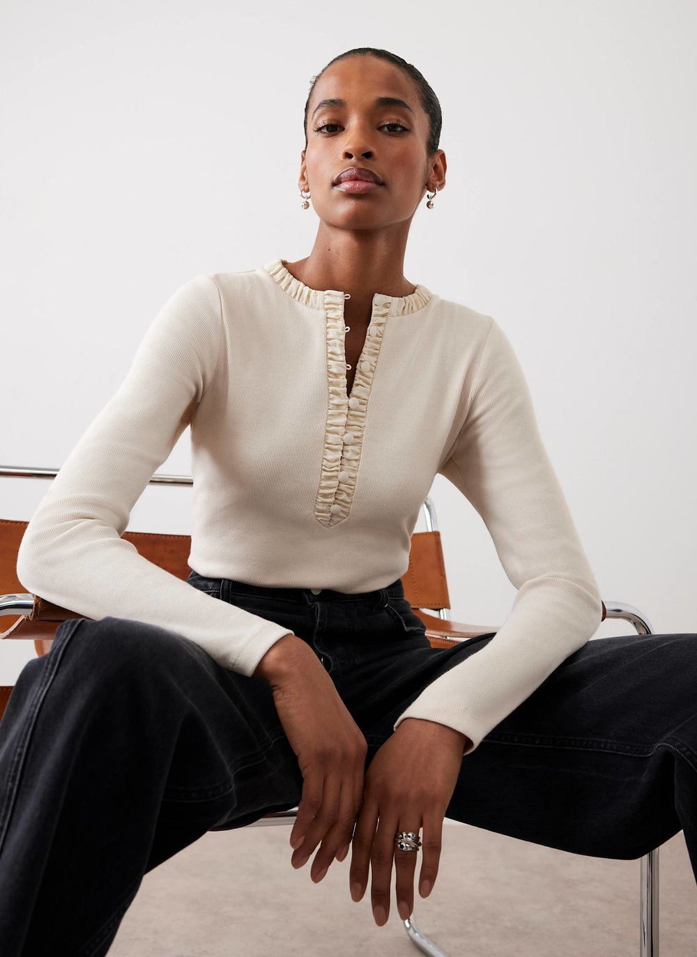 Neutral Ruched Cotton Blend Henley Top