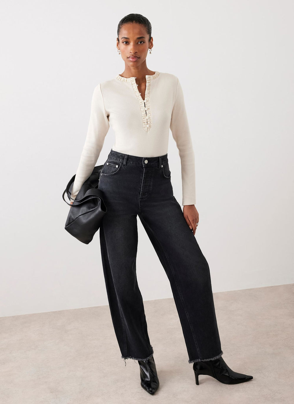 Neutral Ruched Cotton Blend Henley Top