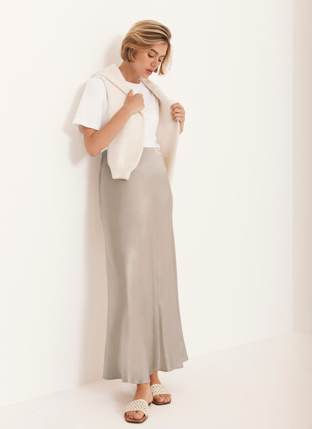 Neutral Satin Slip Midi Skirt
