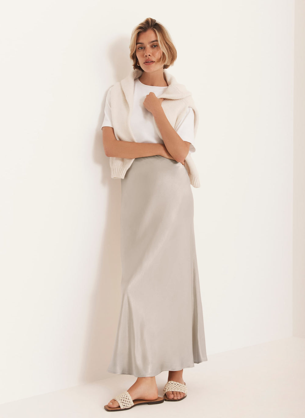 Neutral Satin Slip Midi Skirt