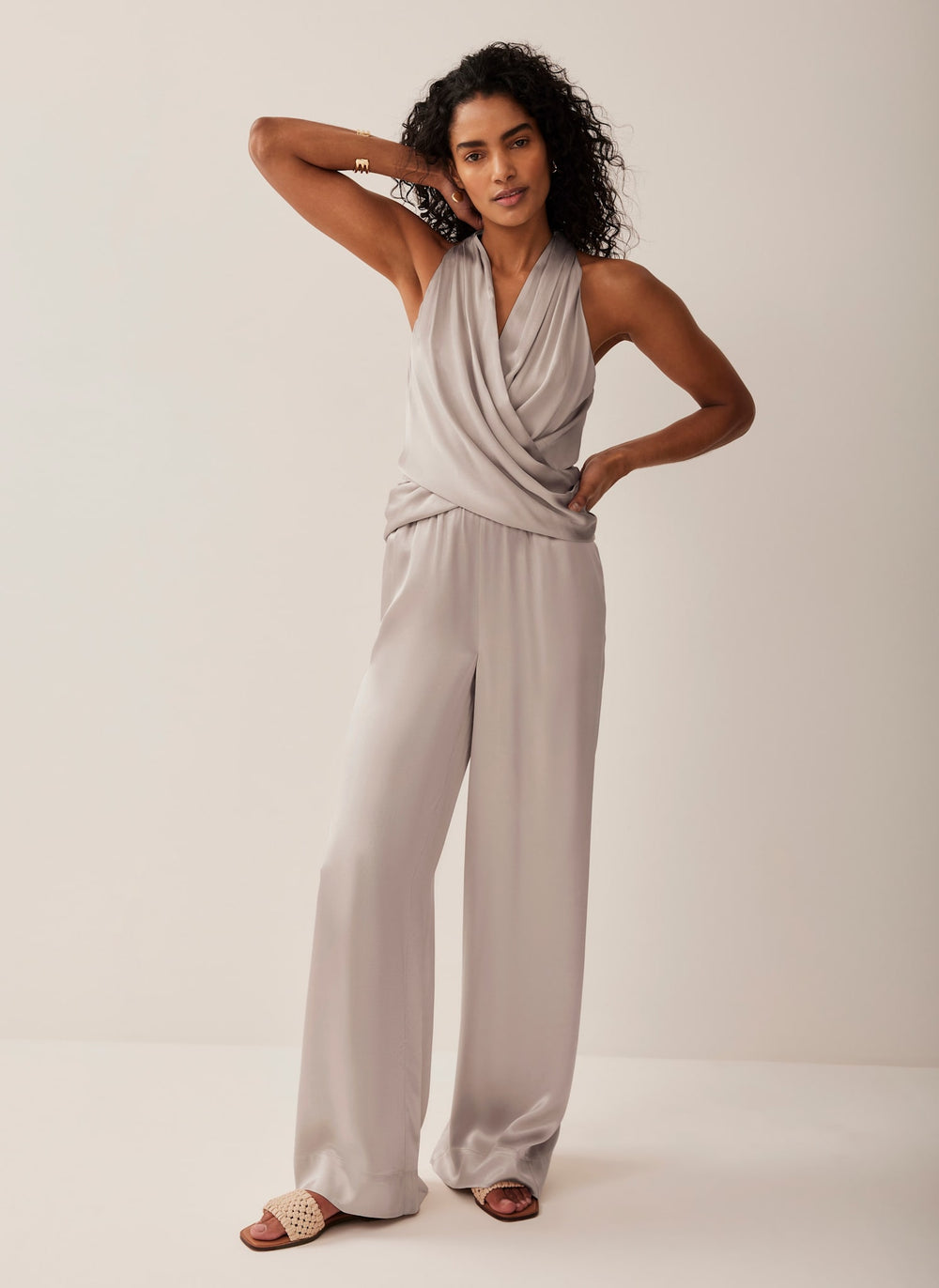Neutral Satin Wide Trousers