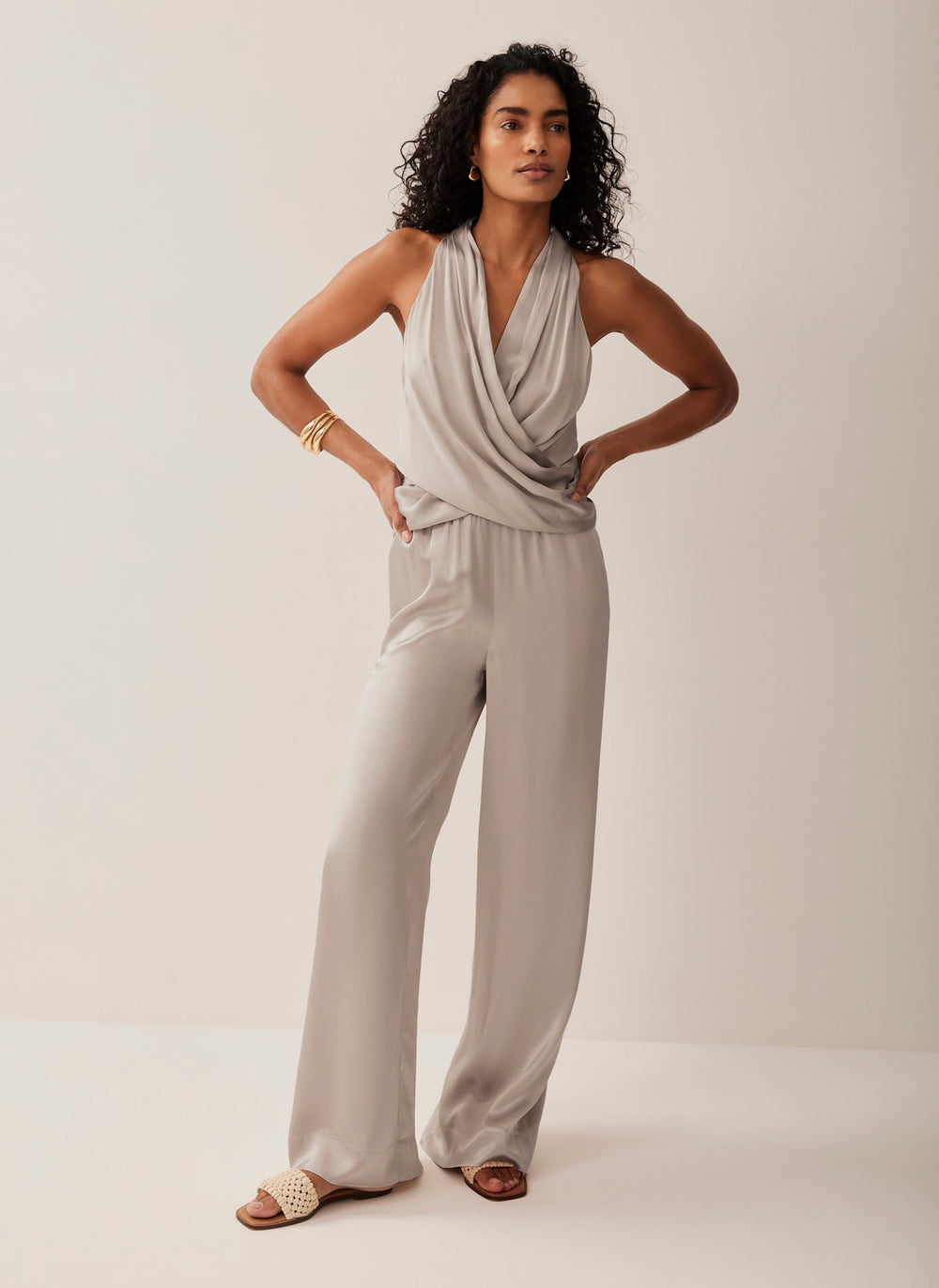 Neutral Satin Wide Trousers