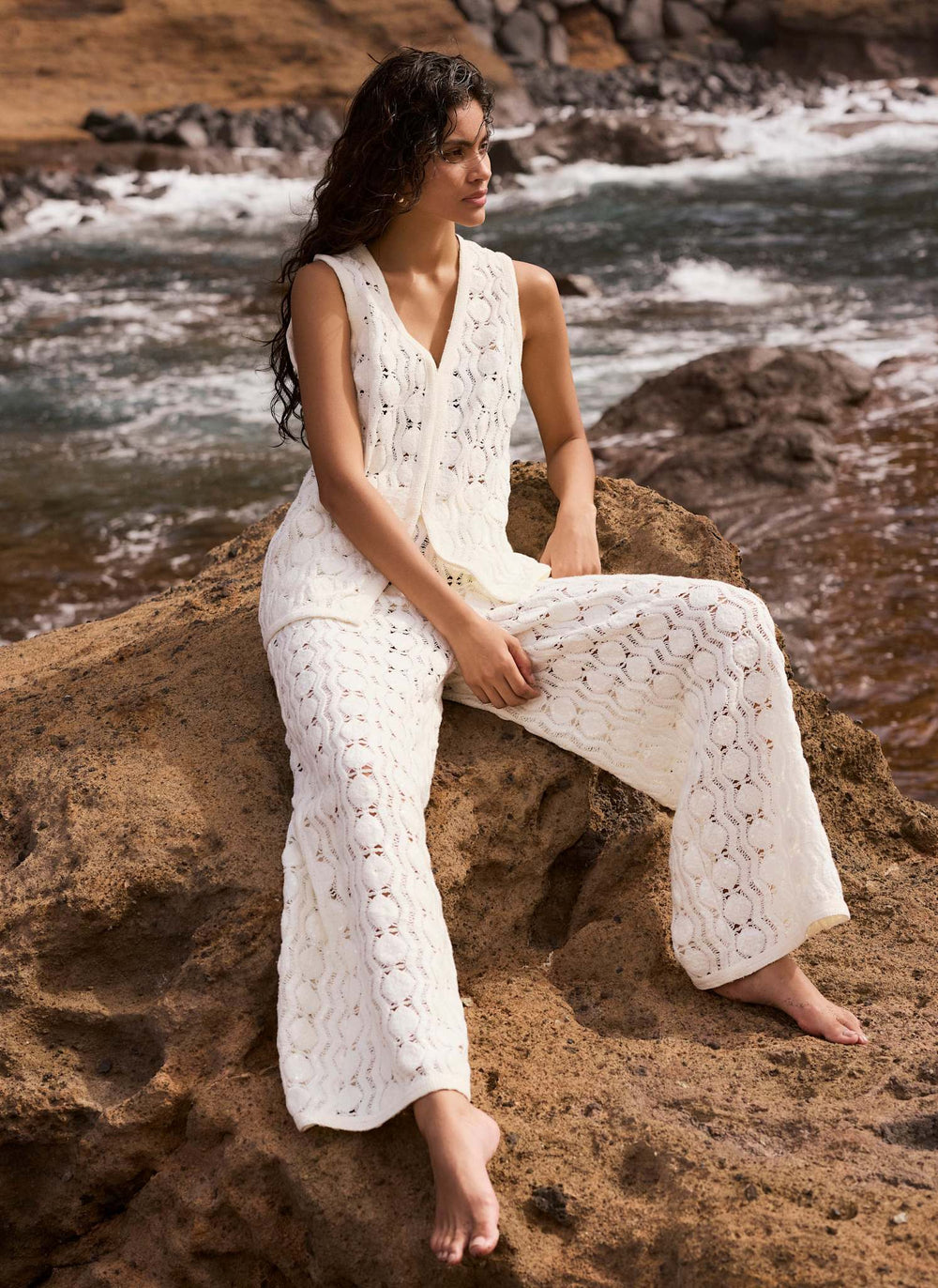 White Crochet Sequin Trousers