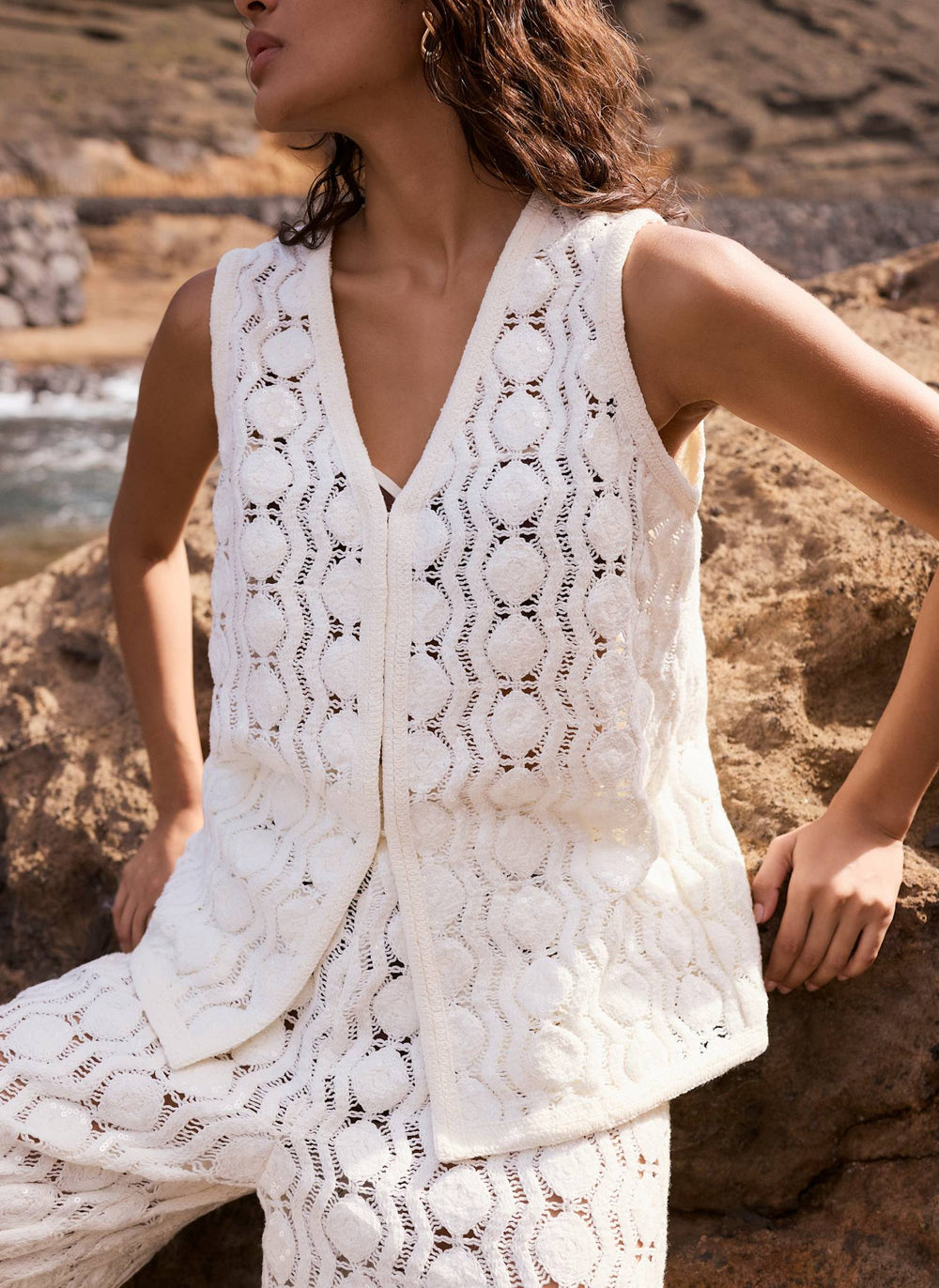 White Crochet Sequin Top