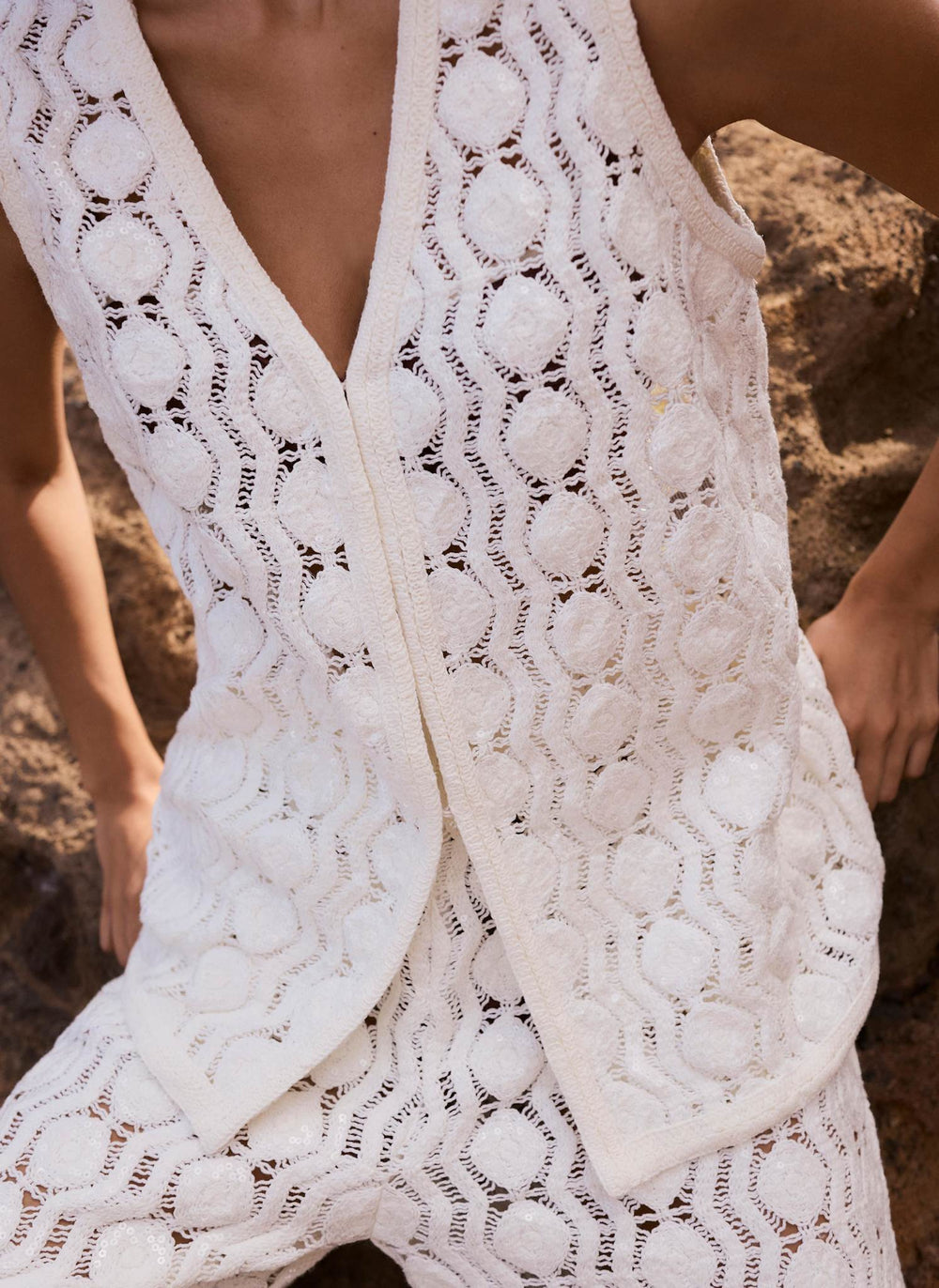 White Crochet Sequin Top