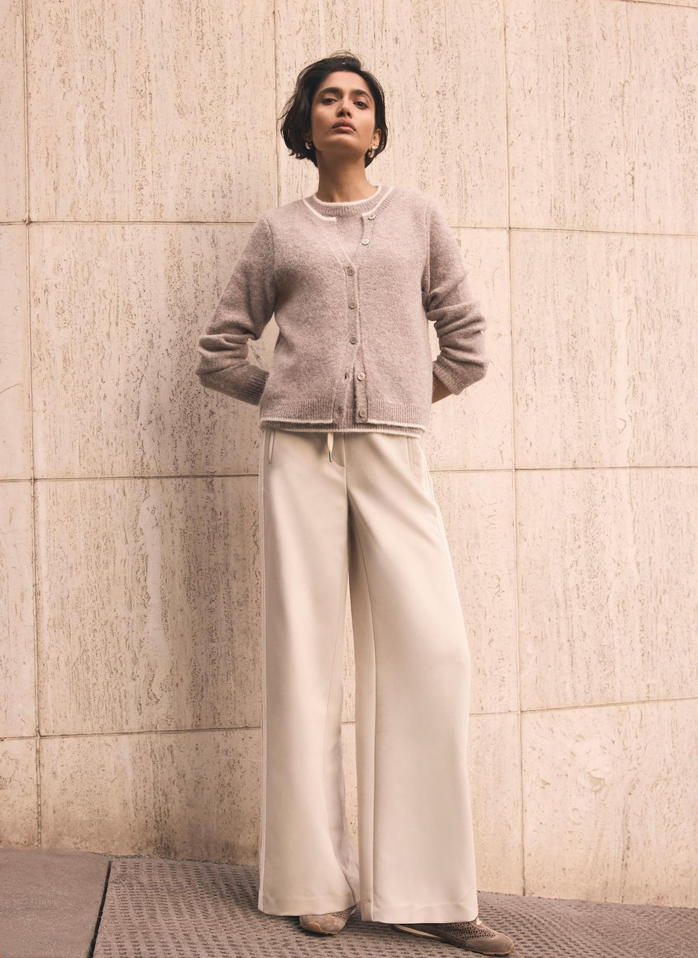 Neutral Crochet Side Stripe Wide Joggers