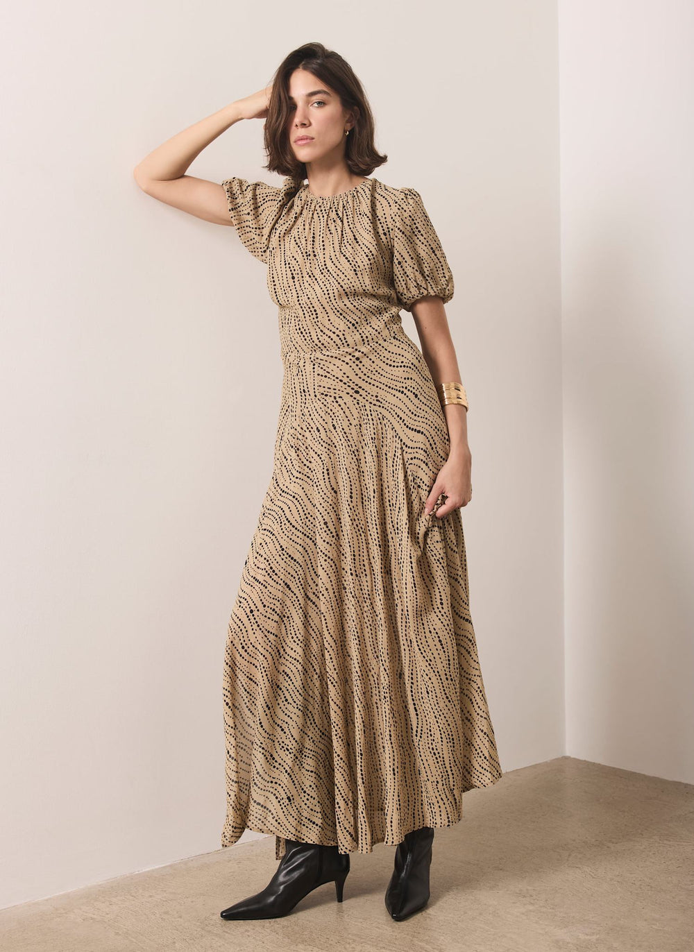 Neutral Printed Puff Sleeve Maxi Dress