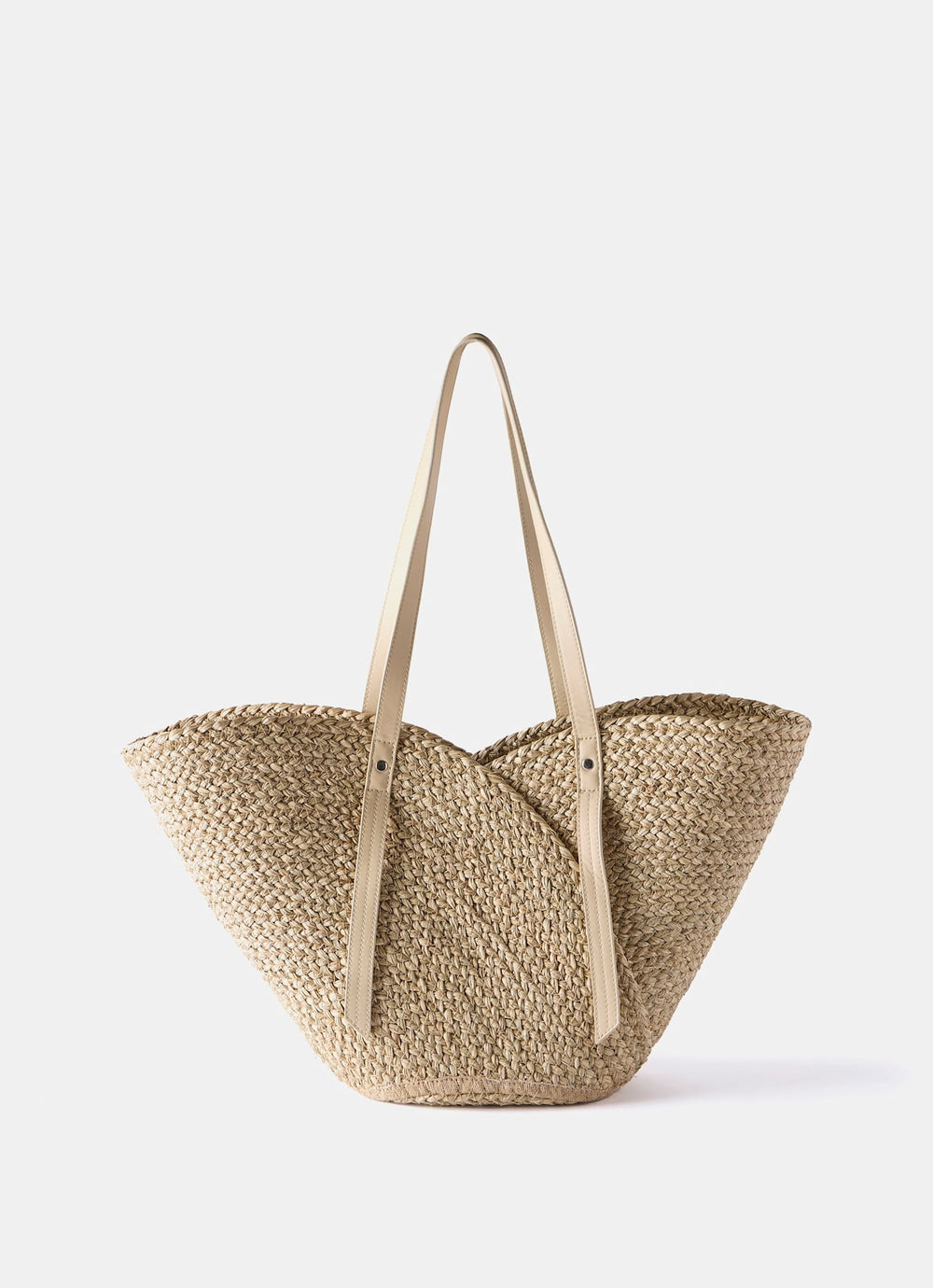 Neutral Scallop Leather Trim Straw Bag