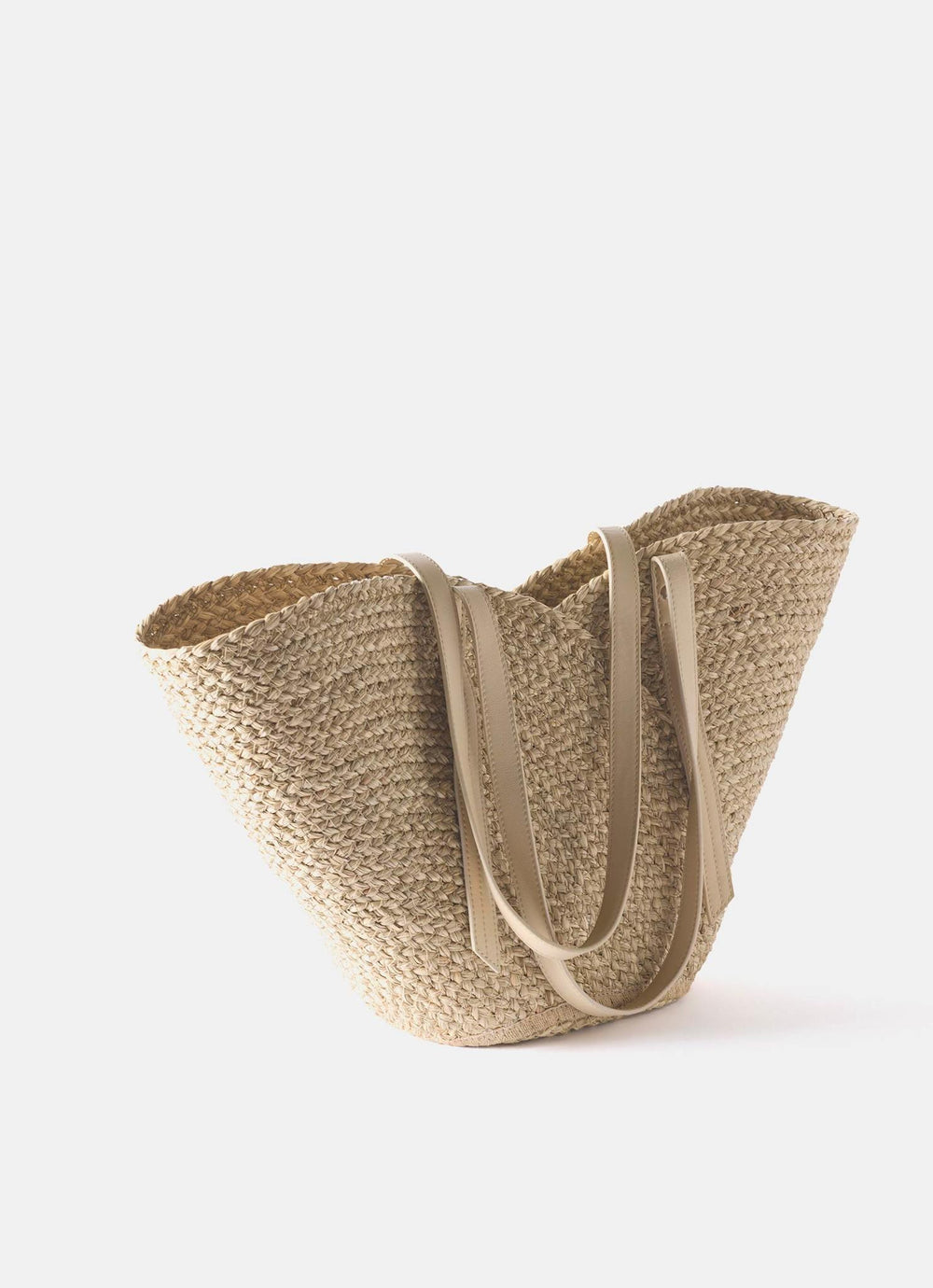Neutral Scallop Leather Trim Straw Bag