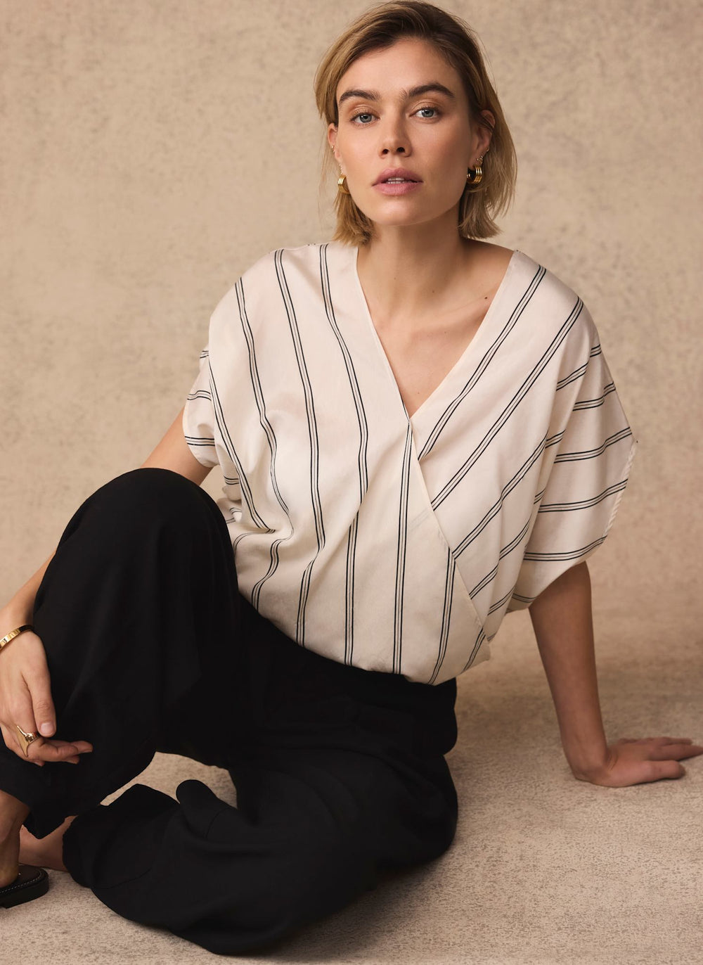 Neutral Pinstriped Wrap Blouse