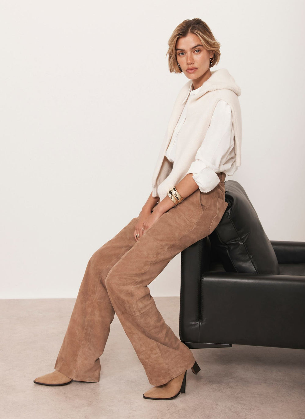 Neutral Suede Straight Trousers
