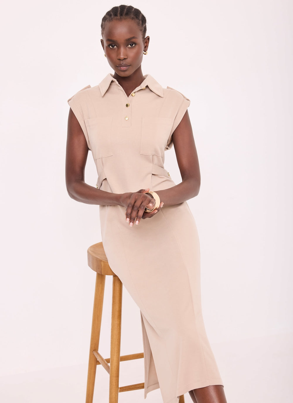 Neutral Jersey Utility Midi Dress
