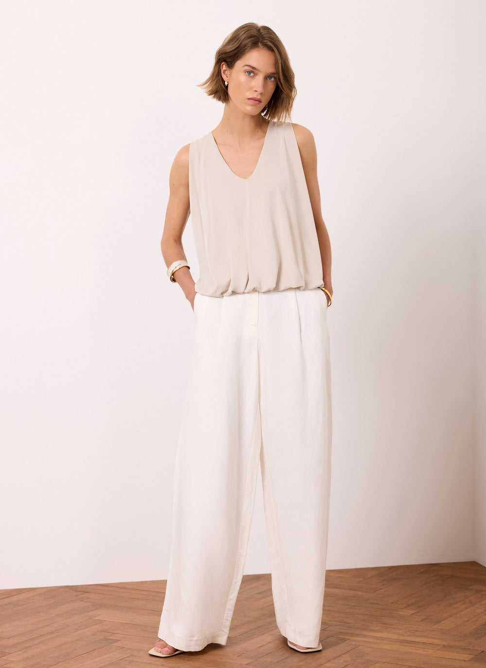 Neutral V Neck Bubble Hem Top