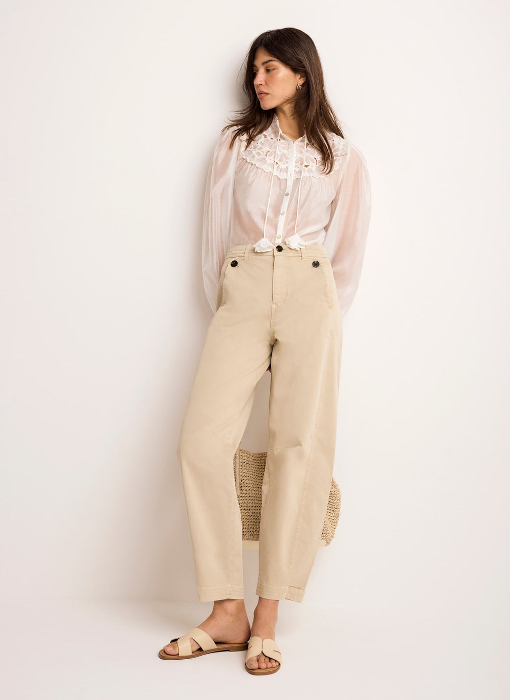 Neutral Washed Barrel Leg Chino Trousers