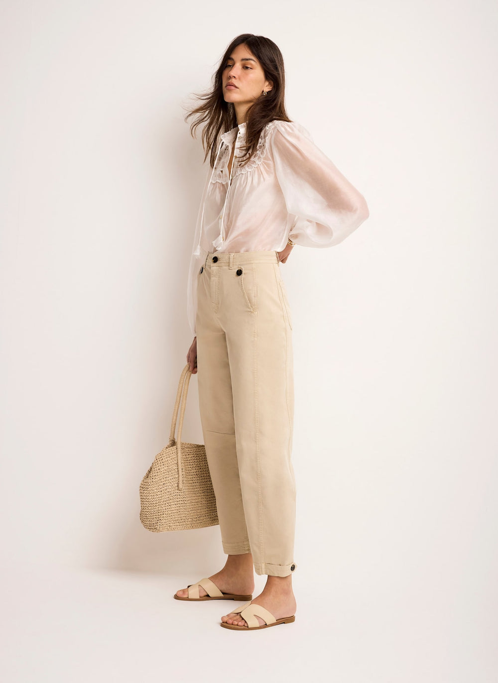 Neutral Washed Barrel Leg Chino Trousers