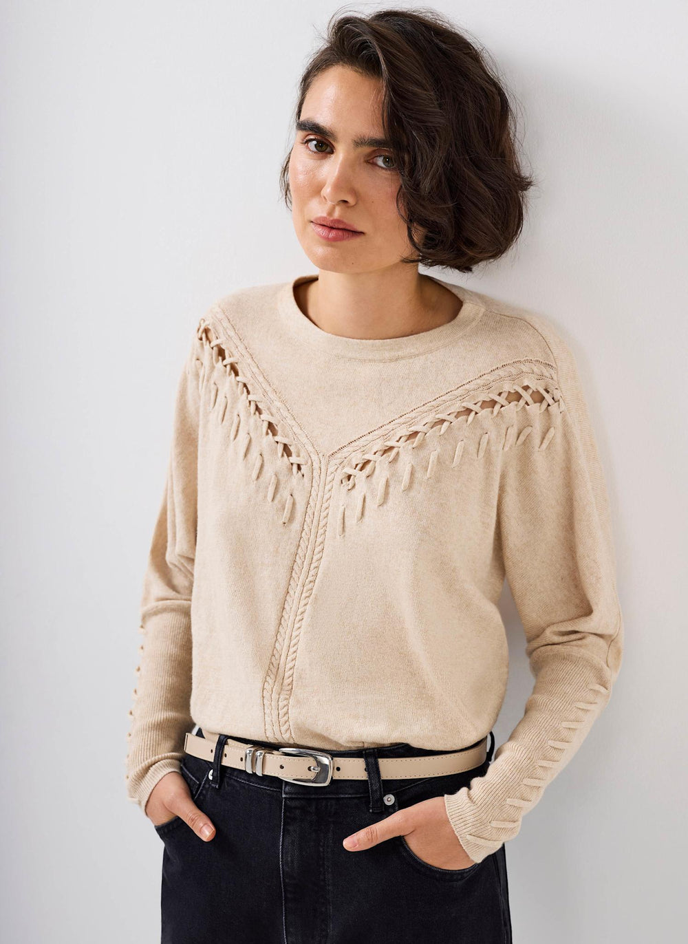 Neutral Cotton Blend Stitch Detail Jumper
