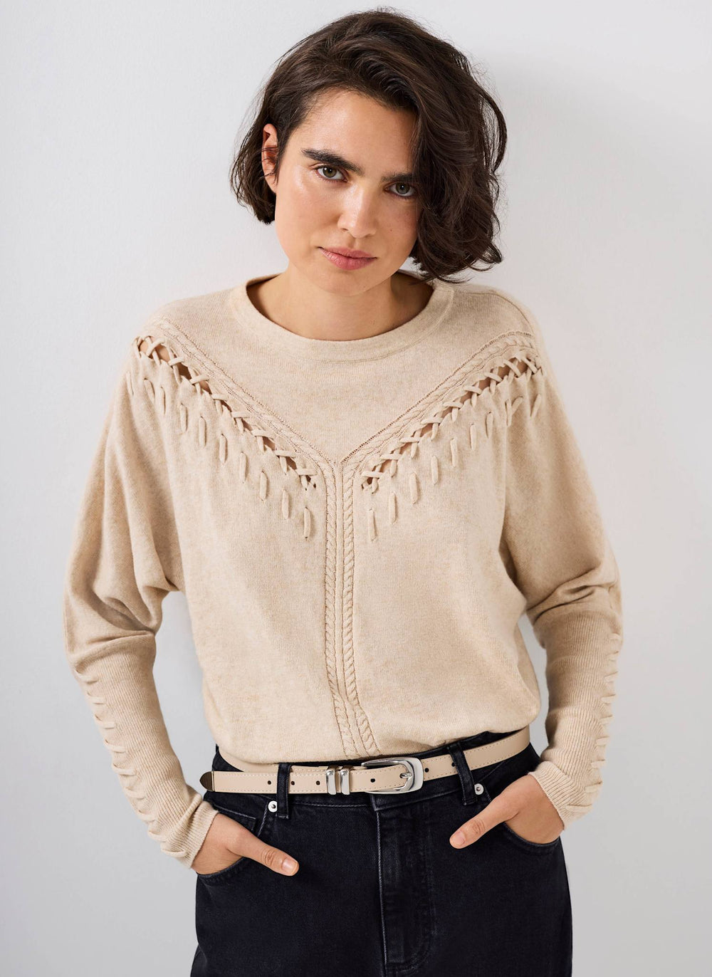 Neutral Cotton Blend Stitch Detail Jumper