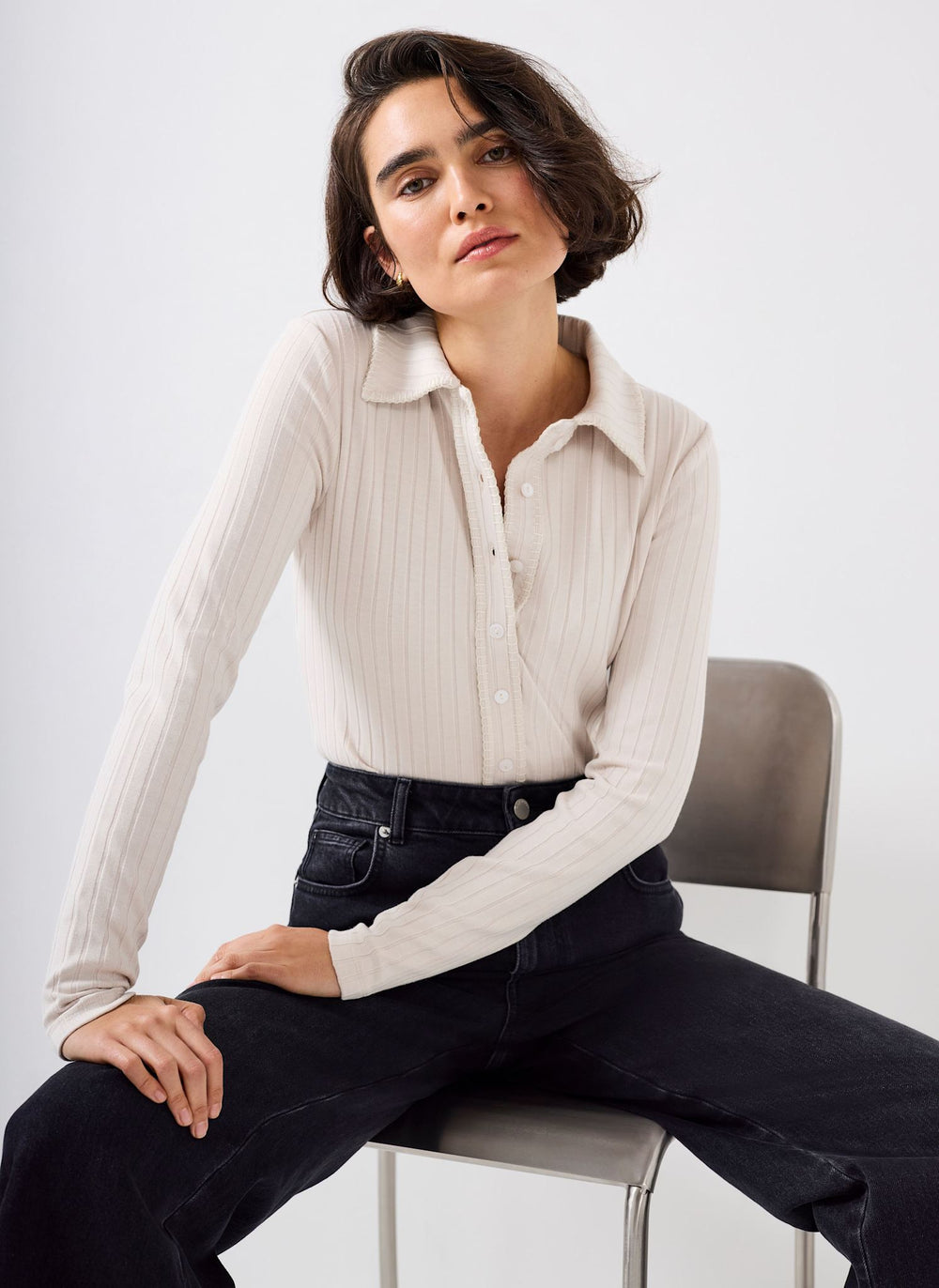 Neutral Whipstitch Polo Top