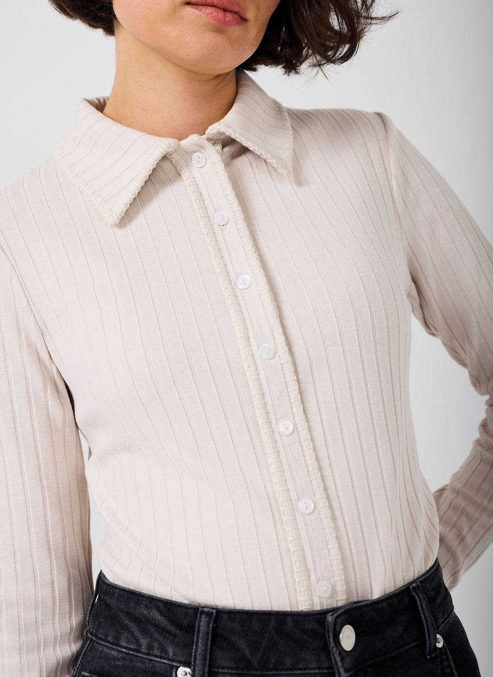 Neutral Whipstitch Polo Top