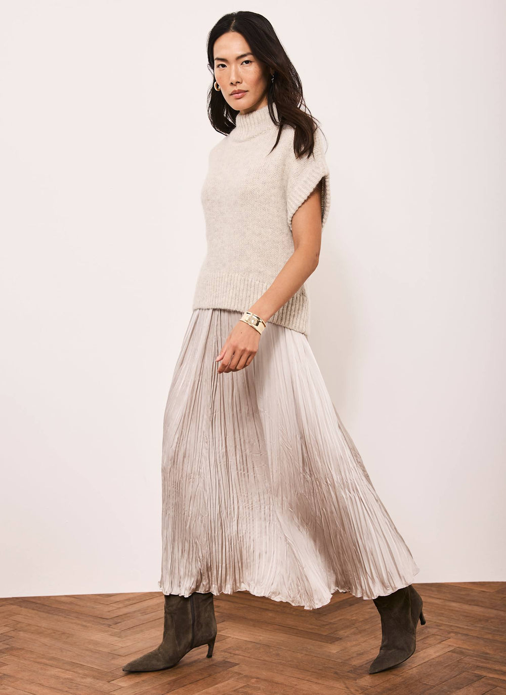 Neutral Wool Blend Layered Maxi Dress