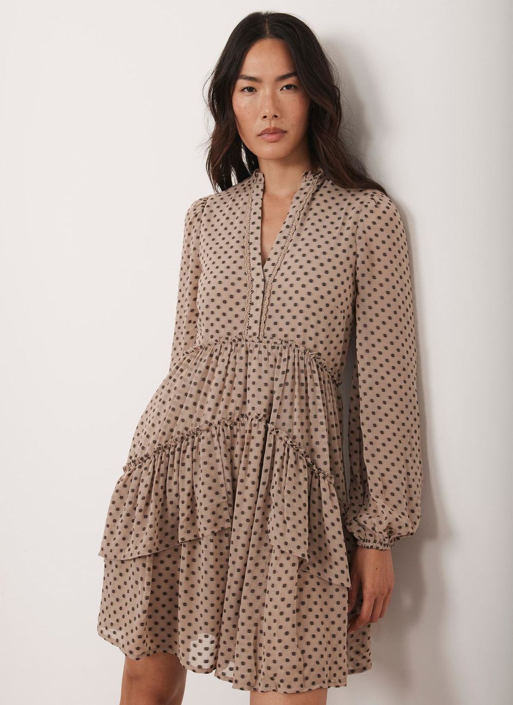 Neutral Jacquard Polka Dot Mini Dress