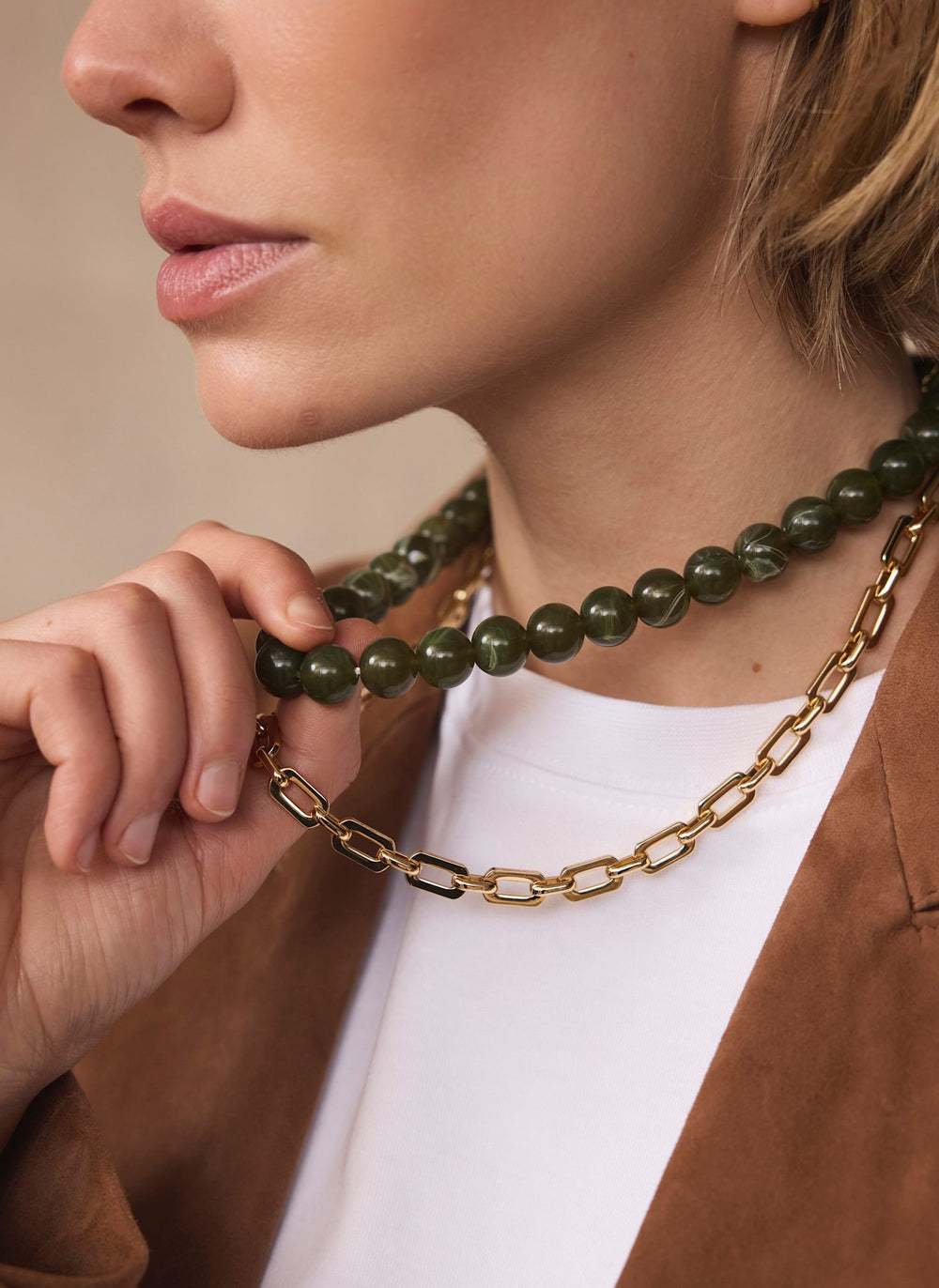 Green Beaded and Chain Layer Necklace