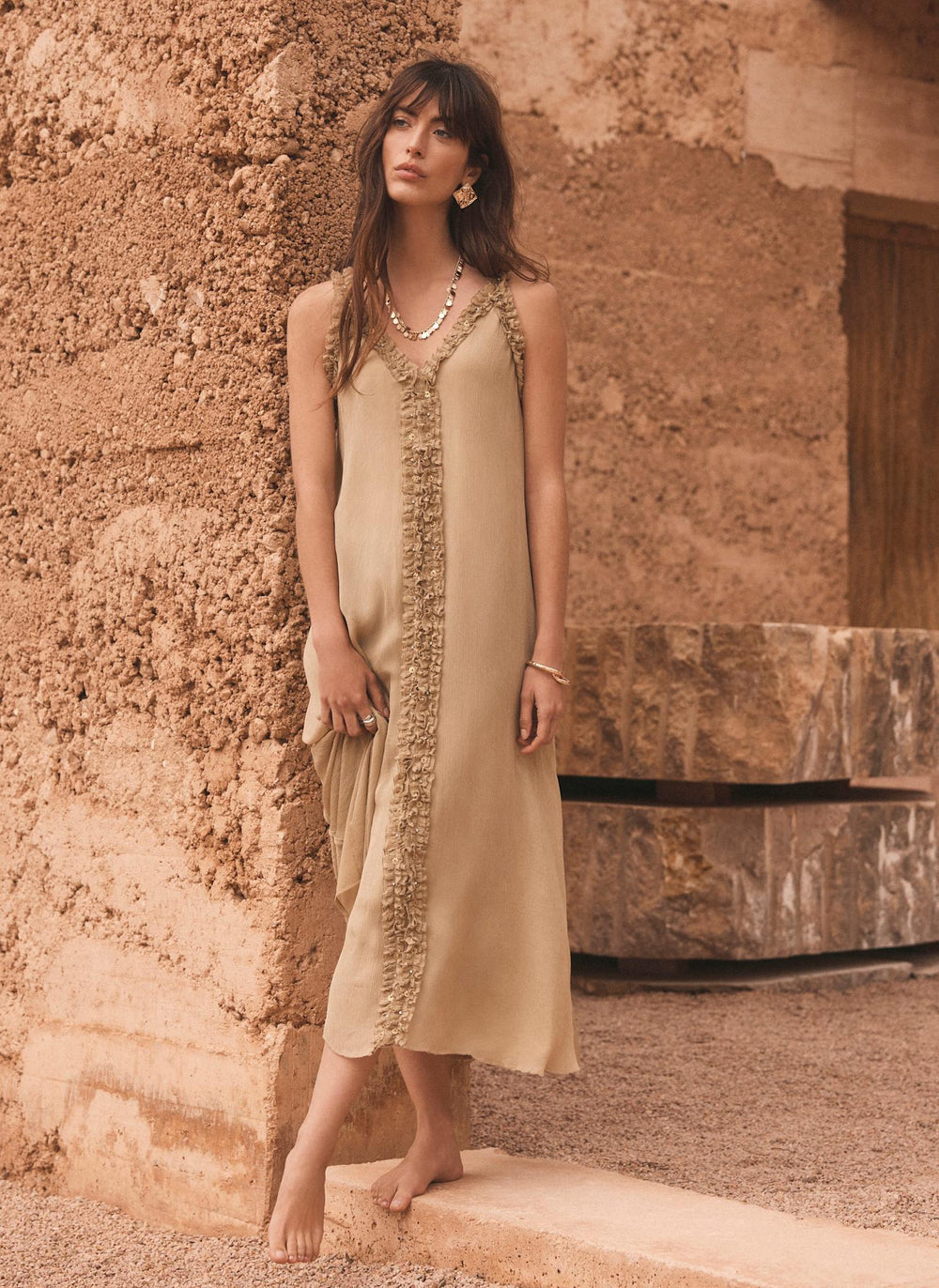 Khaki Embellished Maxi Dress