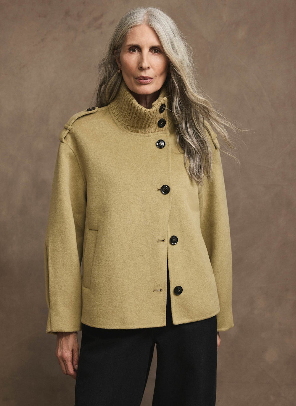 Green Wool Blend Hand Finished Funnel Neck Jacket