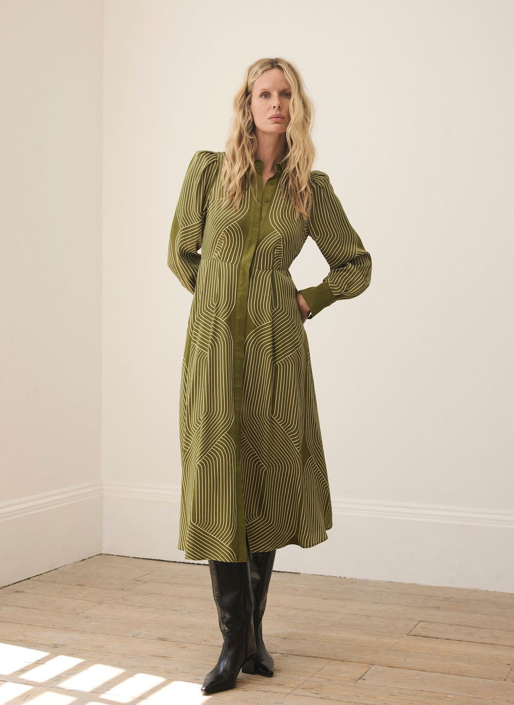 Green Satin Printed Midi Shirt Dress