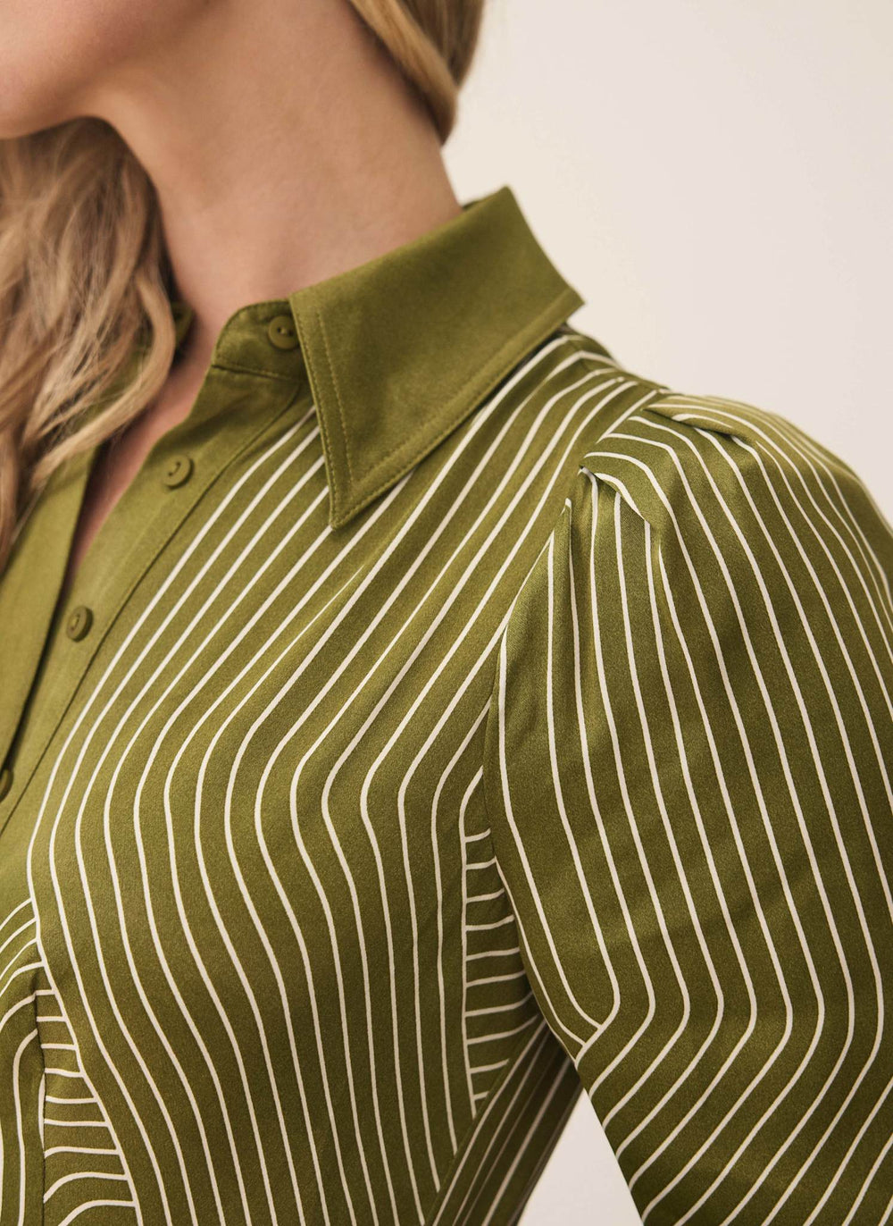 Green Satin Printed Midi Shirt Dress