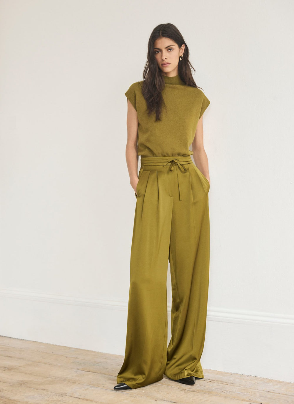 Green Satin Wide Leg Trousers