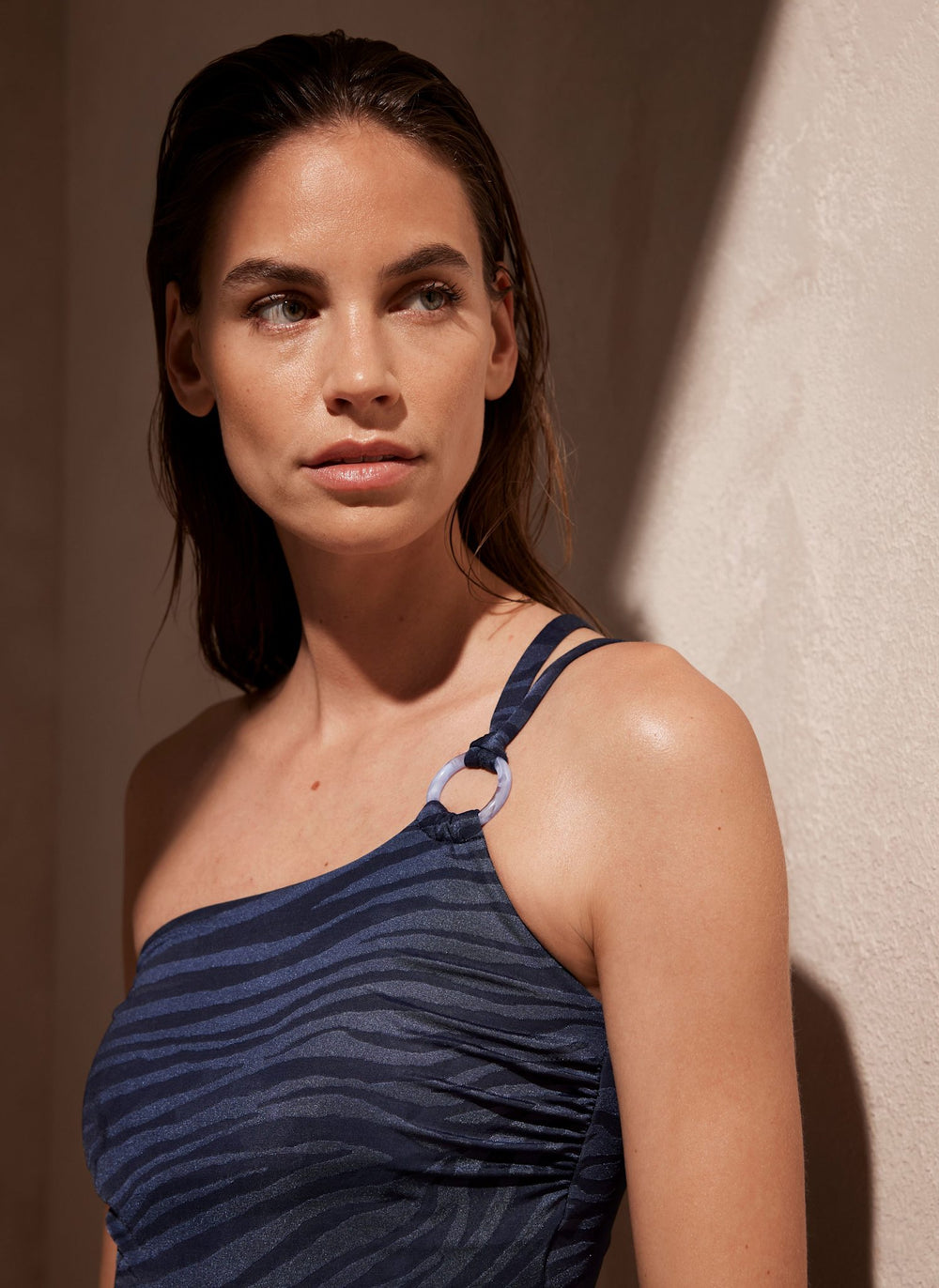 Navy One Shoulder Zebra Print Swimsuit