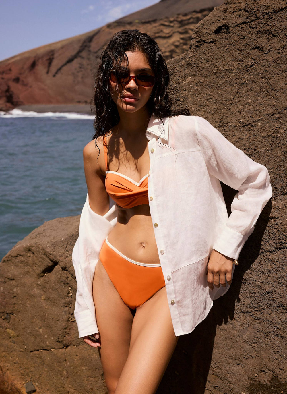 Orange Contrast Trim Bandeau Bikini Top