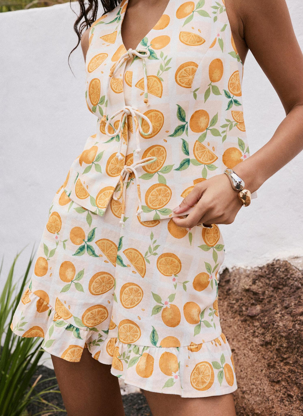 Orange Print Linen Blend Ruffle Shorts
