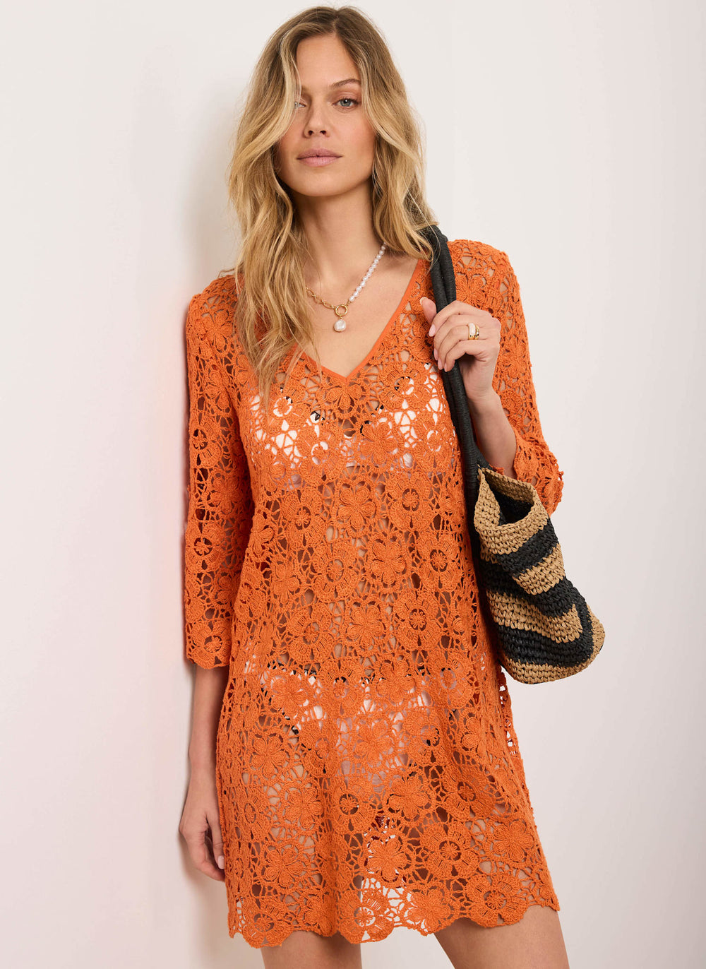 Orange Crochet Beach Mini Dress