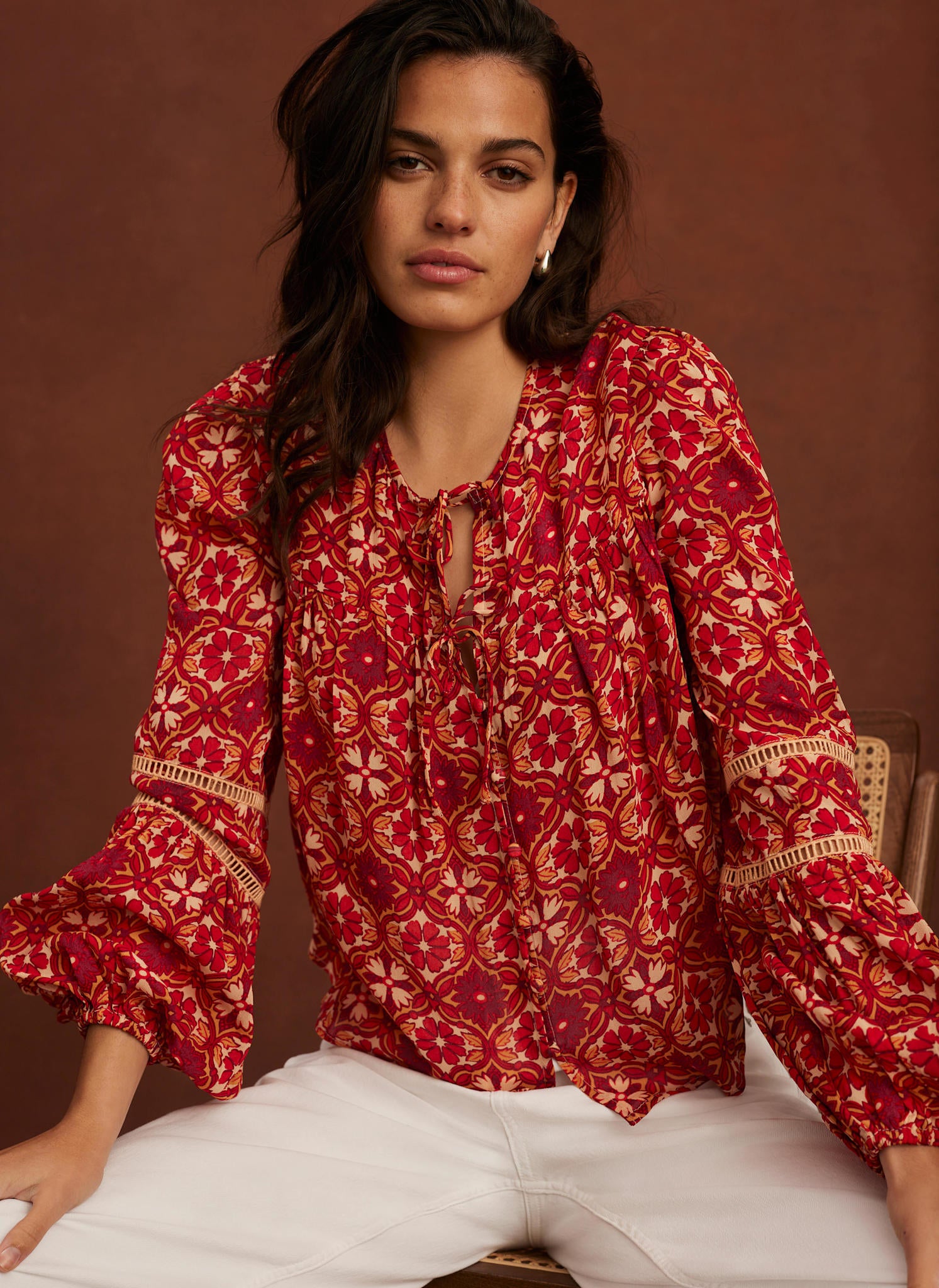 Alby Orange Flower Pleated Blouse